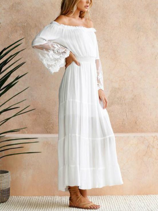 Women Off Shoulder Lace Patchwork Dress Long Sleeve Evening Party Dress Trendsetting Must-have Items Fashion Versatile Outfits