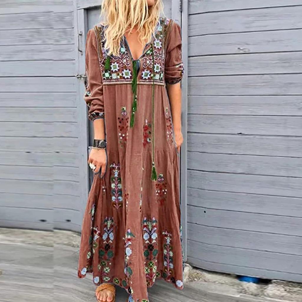 Women Plus Size V Neck Print  Long Sleeve Boho Dress Party Maxi Dress