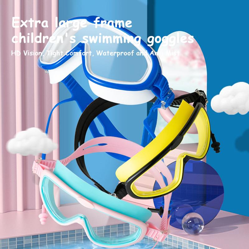 Детские плавательные очки с большой оправой и берушами, детские противотуманные плавательные очки для мальчиков и девочек, очки для бассейна и пляжа, плавательные очки