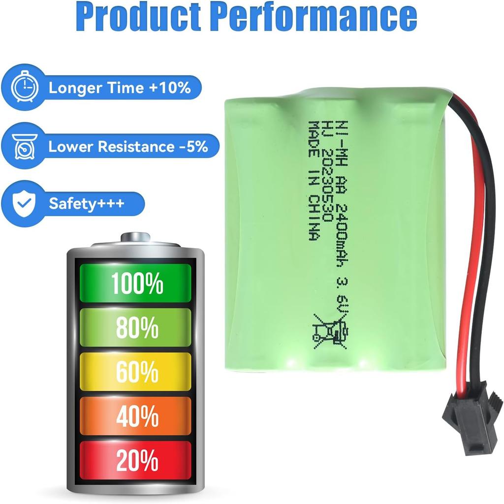 3.6V 2400mAh Ni-MH AA Rechargeable Battery with USB Charging Cable and SM-2P Connector – Ideal for RC Toys, Lighting, and Power Tools