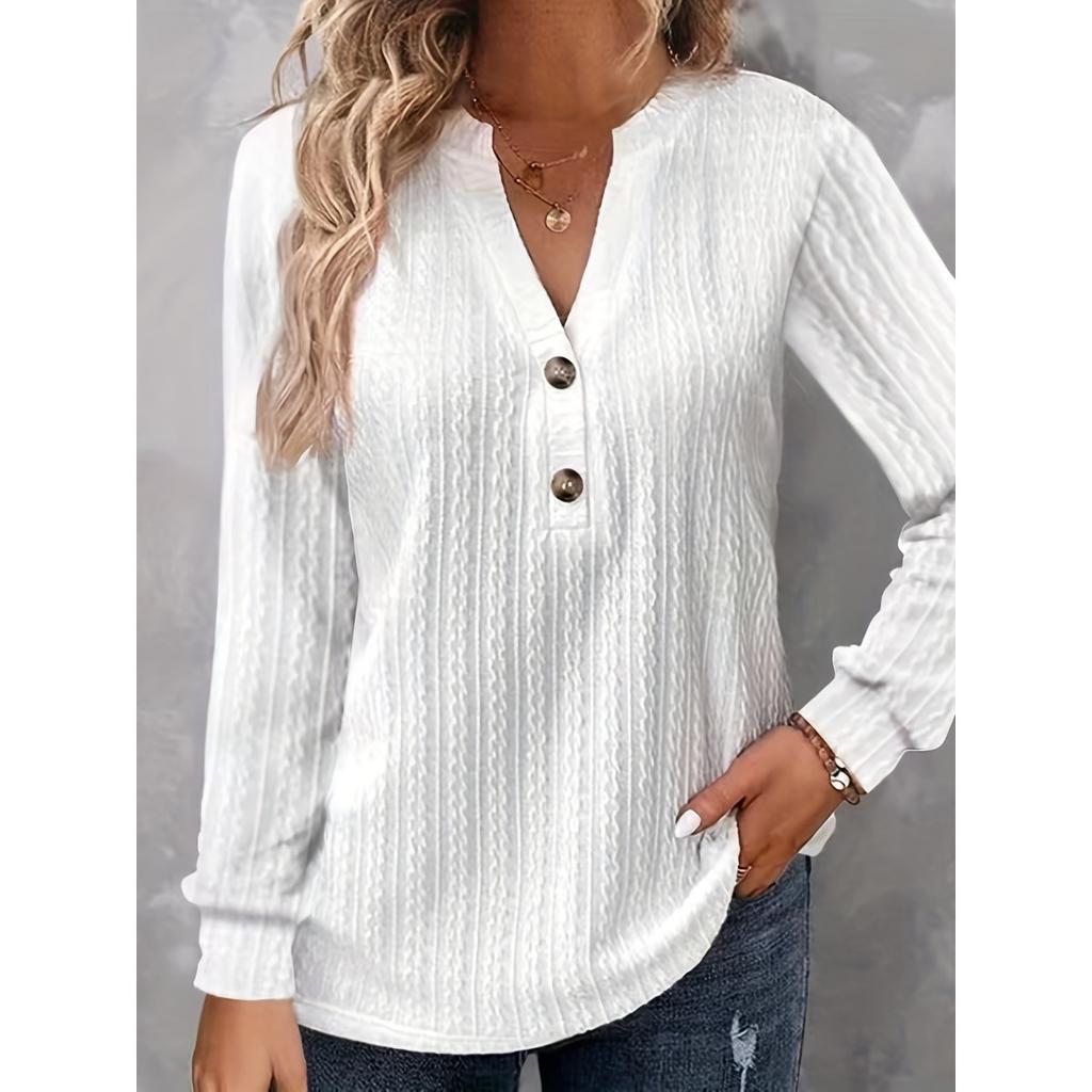 Autumn and Winter Women's Long Sleeved Solid Color V-neck Button T-shirt Top