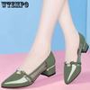Bright Pointed Toe Leather Shoes Woman Shallow Mouth Mesh Hollowed Artificial Soft Leather Thick Heeled Work Shoes Spring Summer