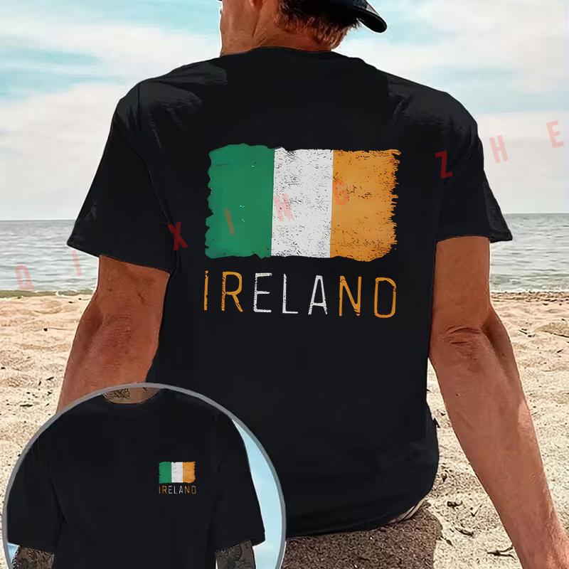 IRELAND Aged Flag Regional Creative design motorcycle T-Shirt Double-Sided Print Men‘s Short Sleeve Summer O-neck Tops