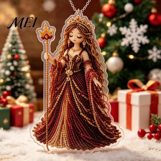 Goddess Shape Ornaments 2D Flat Acrylic Christmas Ornaments, Bead Embroidered Art Long Skirt Angel Pattern Pendant, Double-Sided Hanging Charm