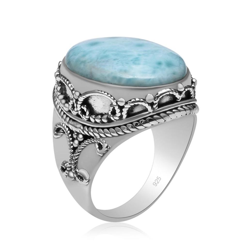 925 Sterling Silver Natural Larimar Gemstone Oval Huge Statement Rings For Unisex