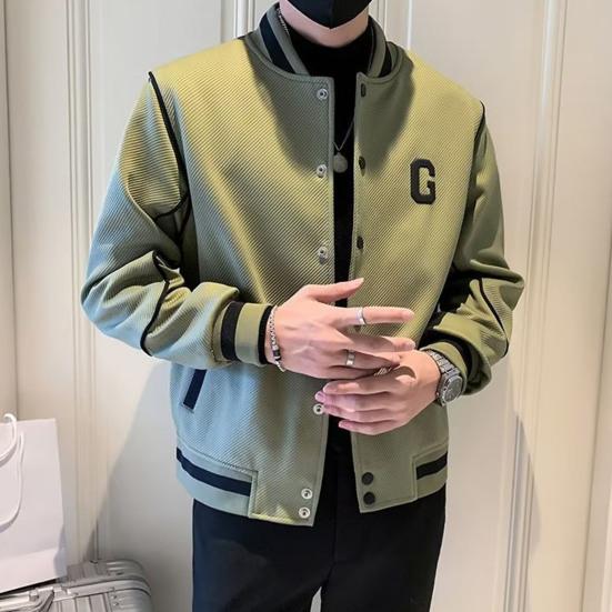 Men Baseball Coat Long Sleeve Single-Breasted Jacket with Letters Print Baseball Collar Outdoor Sports Outerwear