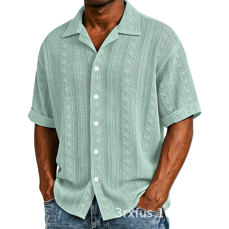 Men Cuban Collar Geometric Jacquard Full Button Short Sleeve Casual Shirt