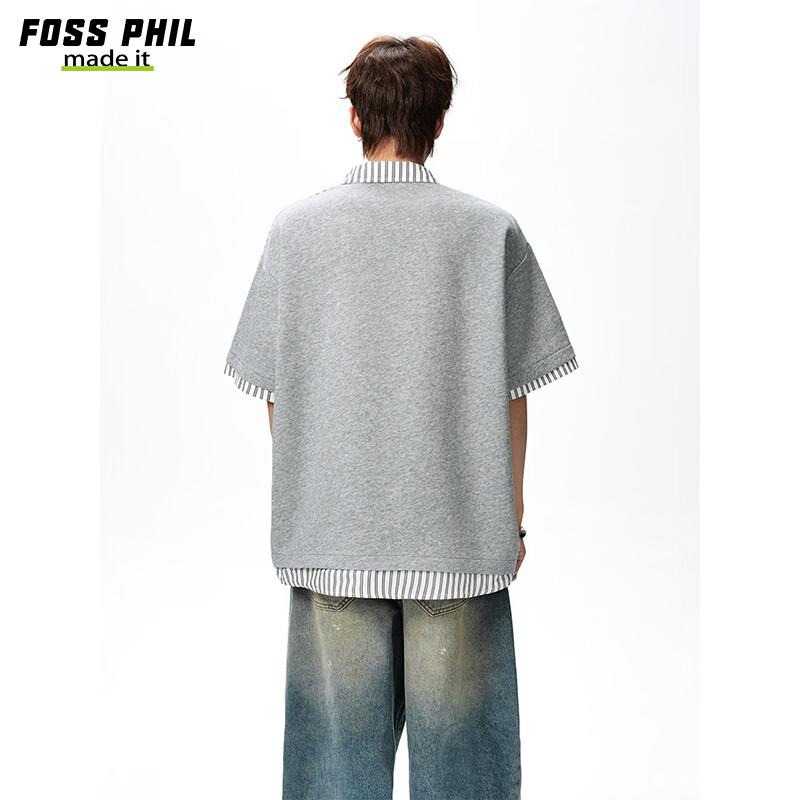 Foss Phil Men's Summer Loose Fit Short Sleeve Polo Shirt Fake Two-Piece Shirt Collar T-Shirt