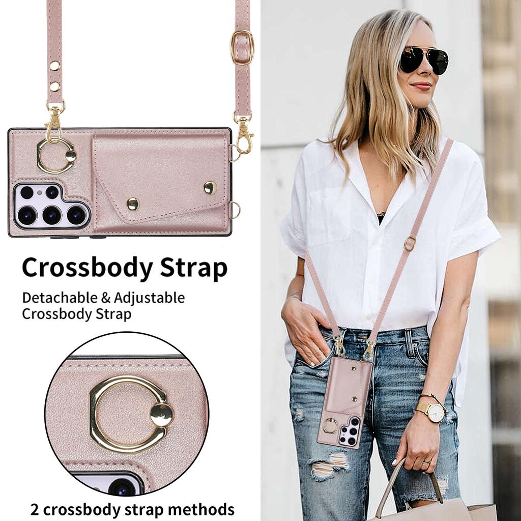 Кожаный чехол-кошелек через плечо с держателем для колец для Samsung Galaxy S23 Ultra S22 Plus S21 FE A14 A54 A53/iphone 14 13 12 11 Pro Max, чехол для шнурка с солью