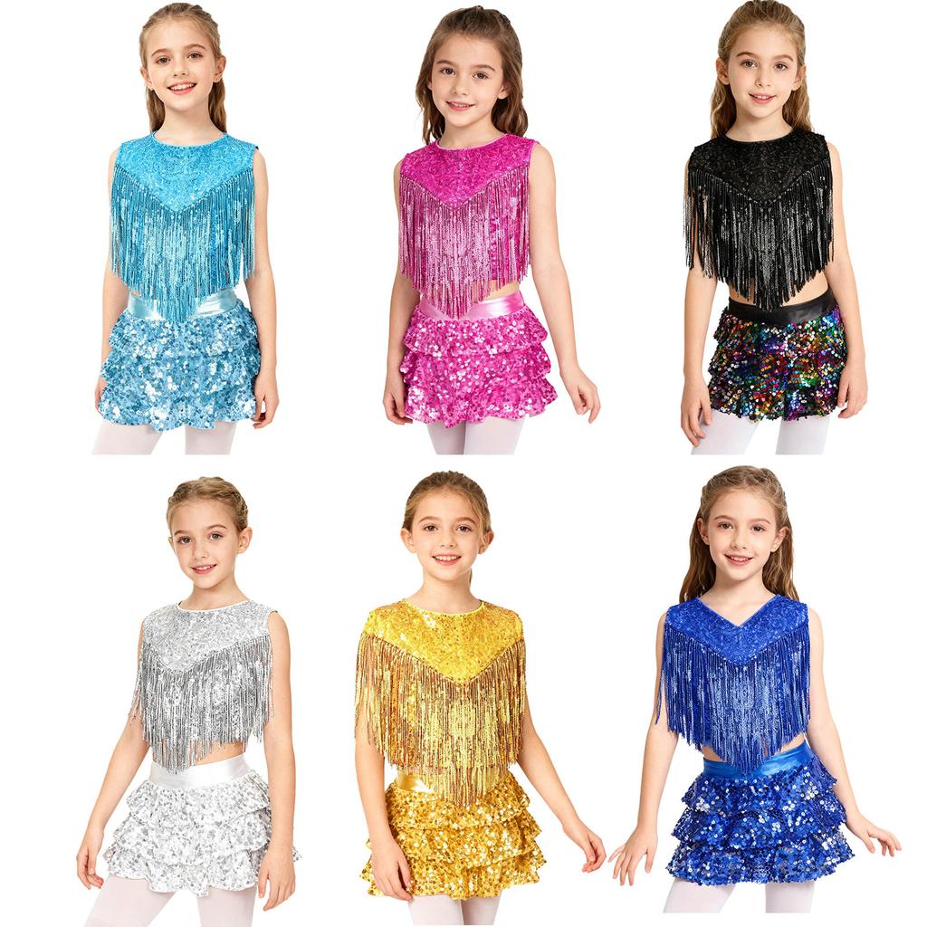 Girls 70s Disco Outfit Metallic Gloss Top Sequins Design Tassels Detail Ruffle Skirt Shorts Two Piece Set