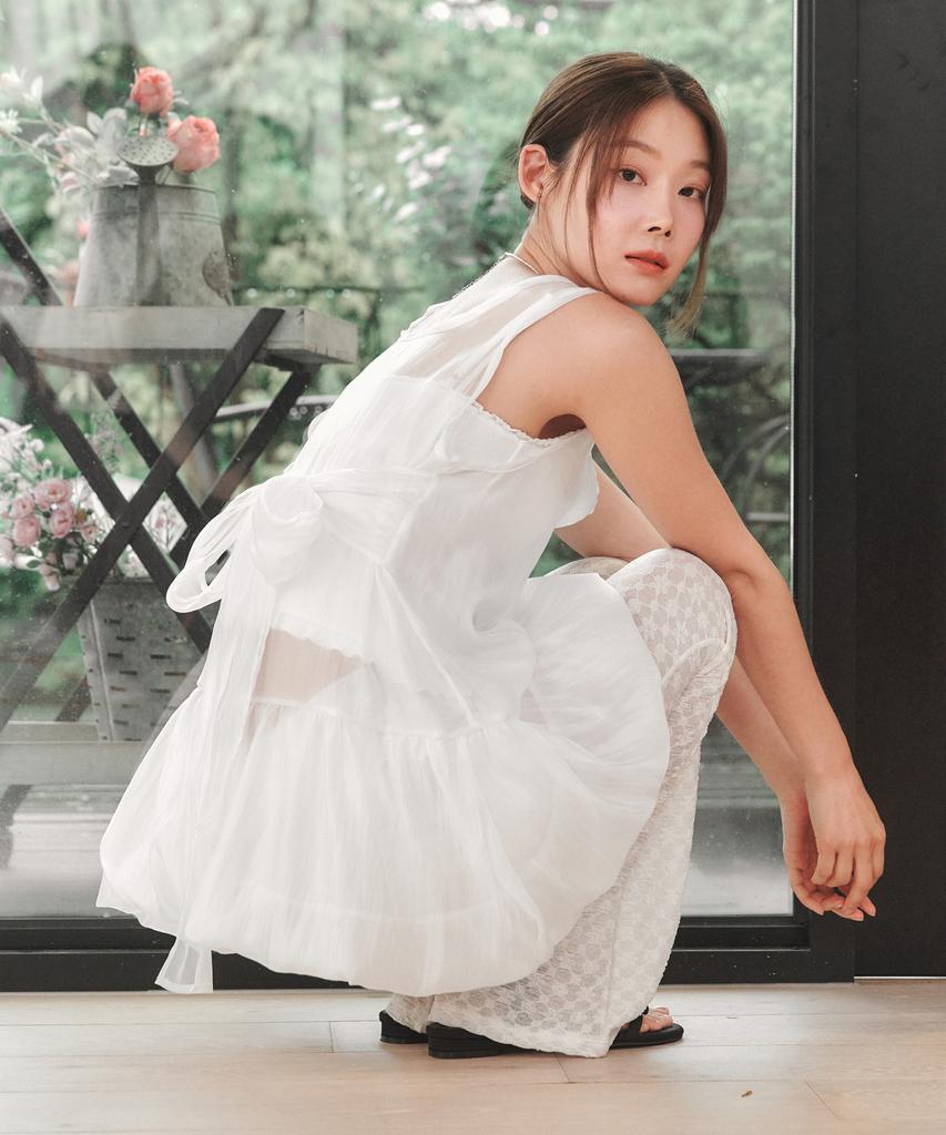 Rosiro Sheer Ribbon Balloon Dress White