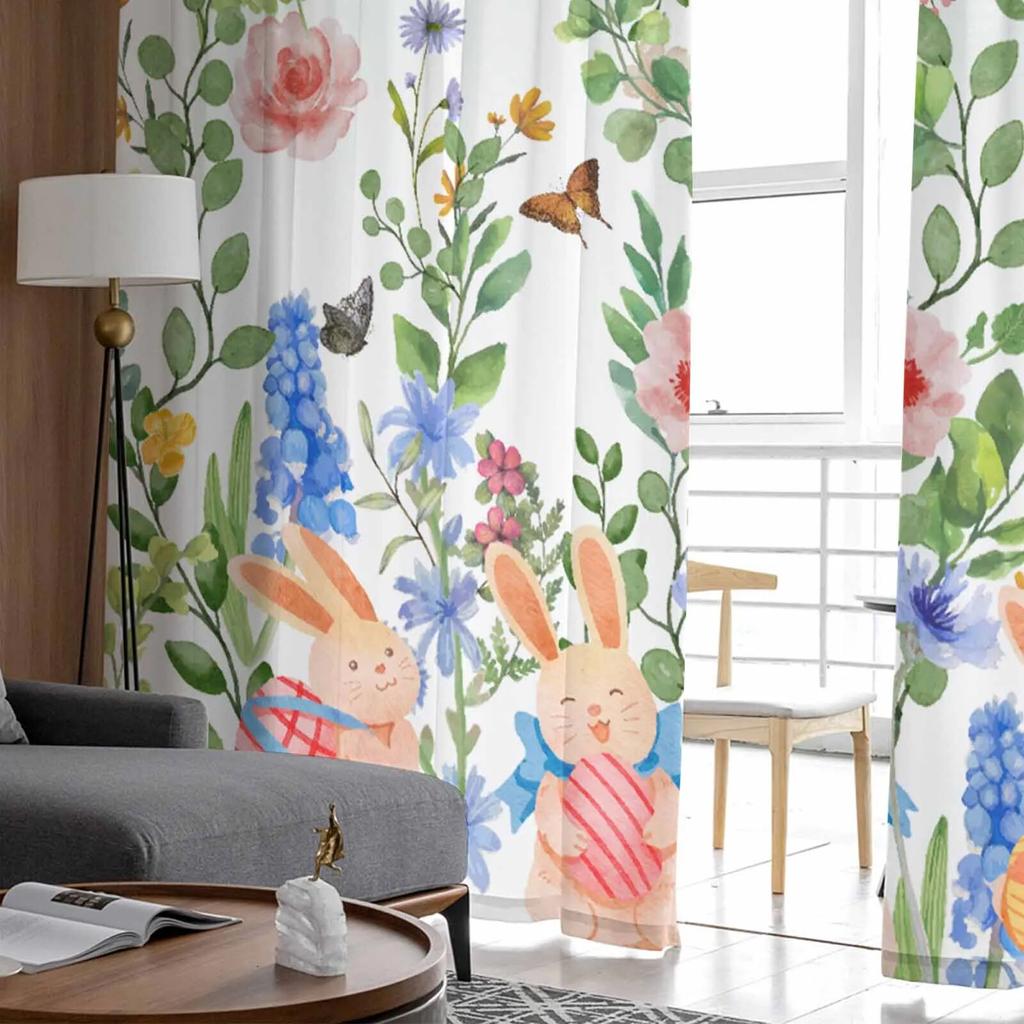 Тюлевые шторы с акварелью, кроликом, цветком и растением для гостиной, прозрачные занавески для спальни, кухни, жалюзи, вуаль, шторы
