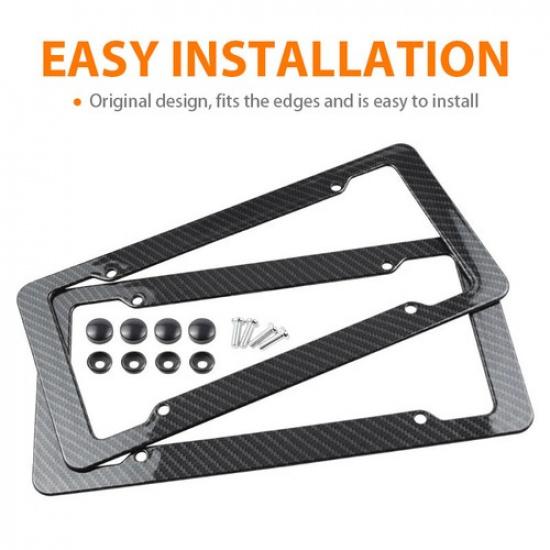 2Carbon Fiber Black License Plate Frame Tag Cover & Screw Caps Auto Accessories