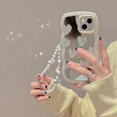 Зеркальный чехол для телефона в форме сердца с волнистой рамкой для iPhone 15 14 13 12 11 Pro Max X XR, модный чехол для телефона для девочек с браслетом