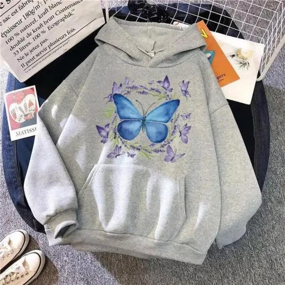 Fashion Butterfly Printed Hoodie Autumn_Winter Casual Hooded Long Sleeve Pullover Sweatshirt Fashion Spring