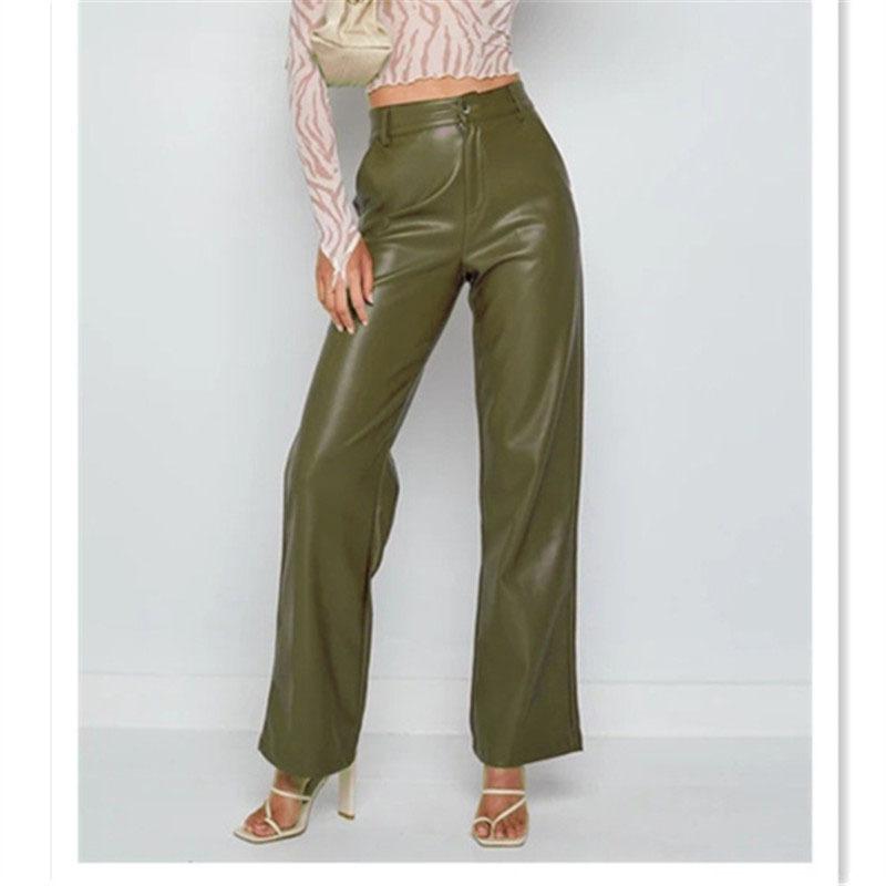 Women Solid Fashion Faux Leather Pants Slim Casual Trousers