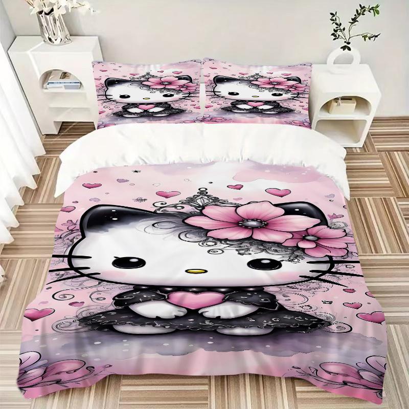 3 шт. Комплект постельного белья с принтом Розовые Цветы и Hello Kitty, Мягкий и Удобный Пододеяльник для Спальни, Гостевой Комнаты (Не включено).S070