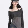 Y2k Off Shoulder Knitted Women T-shirts Set Sexy Korean Style Asymmetric Halter Tops Gyaru Crop Long Sleeve Autumn Tees