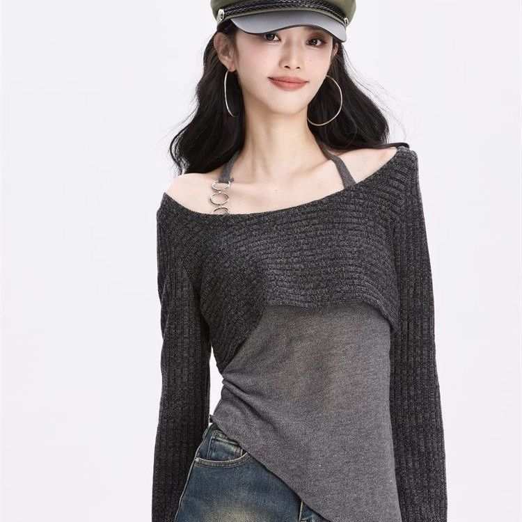 Y2k Off Shoulder Knitted Women T-shirts Set Sexy Korean Style Asymmetric Halter Tops Gyaru Crop Long Sleeve Autumn Tees