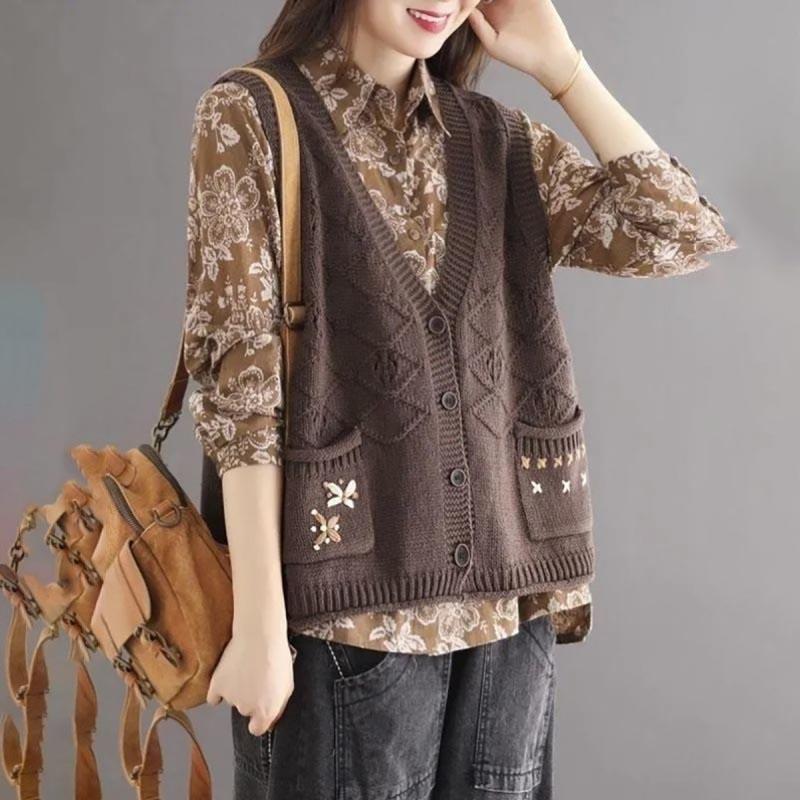 Жилет женский жилет свитер куртка женская осенняя художественная ретро вязаная кардиган свободная куртка топ