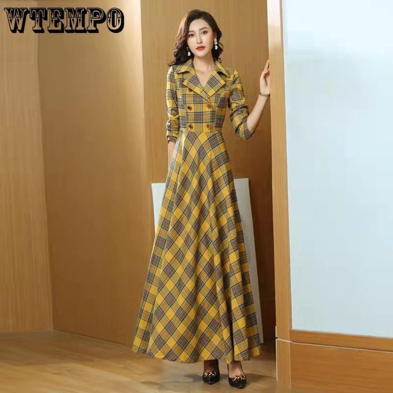 Модное желтое клетчатое ретро двубортное платье с воротником-стойкой, облегающее, темпераментное, большие, длинные платья