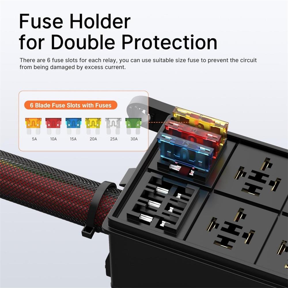 12V 40A 5-Pin Relay Box 6 Way Pre-Wired Relay Fuse Box For Automotive Car Marine