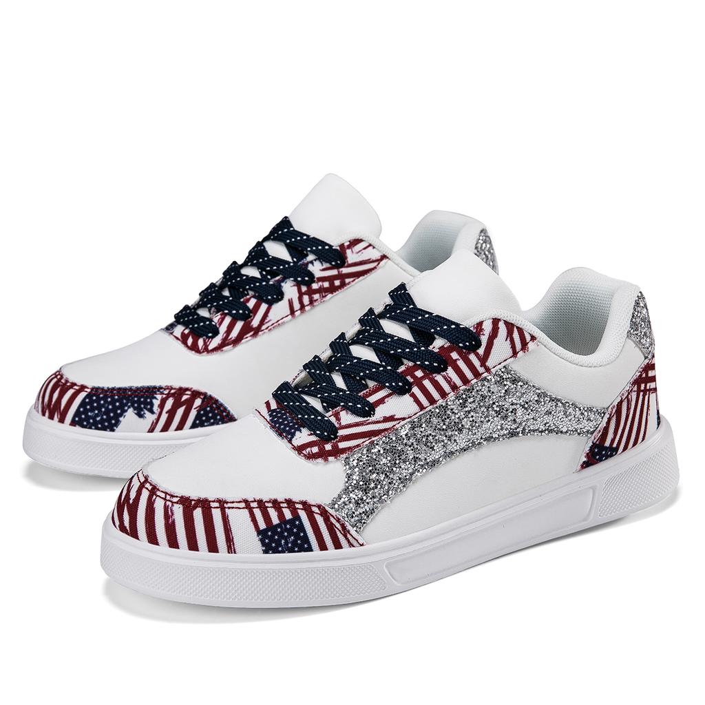 MCTIN White Shoes Women's PU Leather Sports Shoes Flats Black Sequined Sneakers Plus Size 35-42