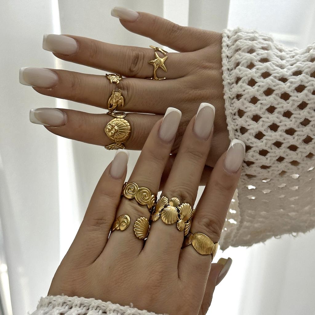 Vintage Gold Color Starfish Shell Rings for Women Stainless Steel Ocean Series Flower Stars Whale Adjustable Finger Ring Jewelry