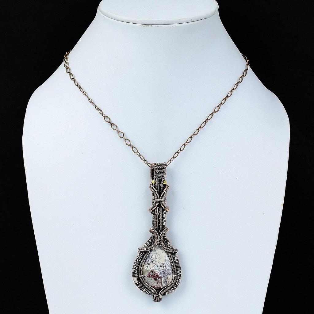 Сумасшедший кружевной агат, драгоценный камень, чистая медная проволока, обернутая подвеской ручной работы, ювелирные изделия