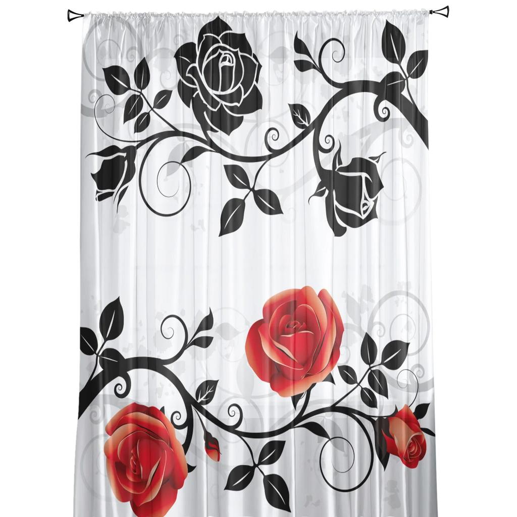 Red And Black Rose White Sheer Curtains for Girl Kids Bedroom Kitchen Window Drapes Curtain Home Decoration