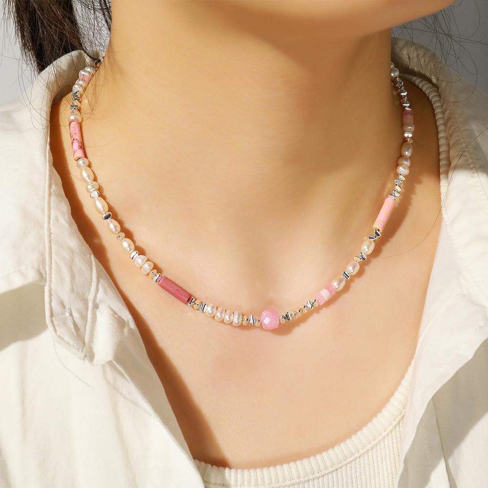 GEMCHIC Women's Natural Stone Beaded Necklace Pink Pearl Titanium Steel Geometric Pendant Choker