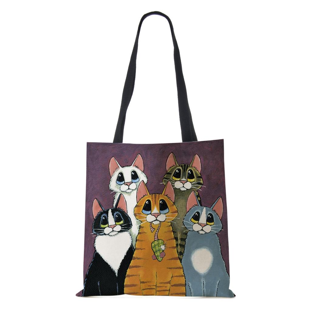 Женская сумка-тоут из льна с принтом кошки, повседневная, для путешествий, пляжная, подарочная сумка KTB