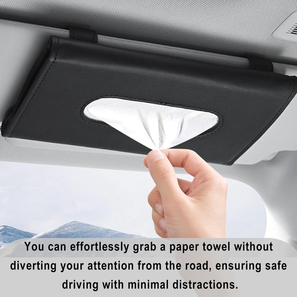 Tissue Holder In Car—PU Leather Car Napkin Holder, Car Kleenex Holder For Visor & Backseat, Easy To Use (Black)