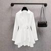 Women Shirt Lapel Long Sleeve Waist Tight Belt Pullover Tops Solid Color