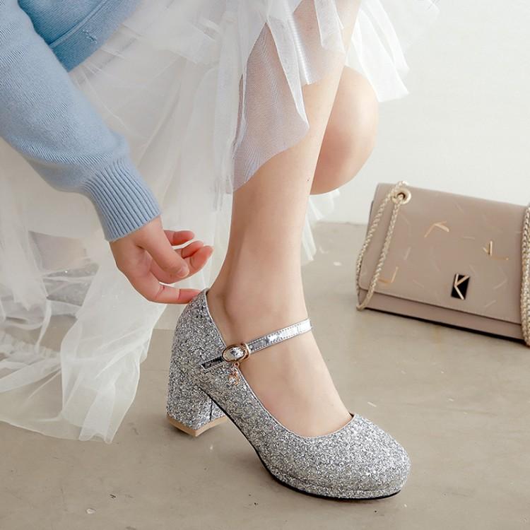 Women Glitter Golden Pumps Chunky Block Heels Platform Mary Jane Sequined Silver Shoes Woman Wedding Party 43