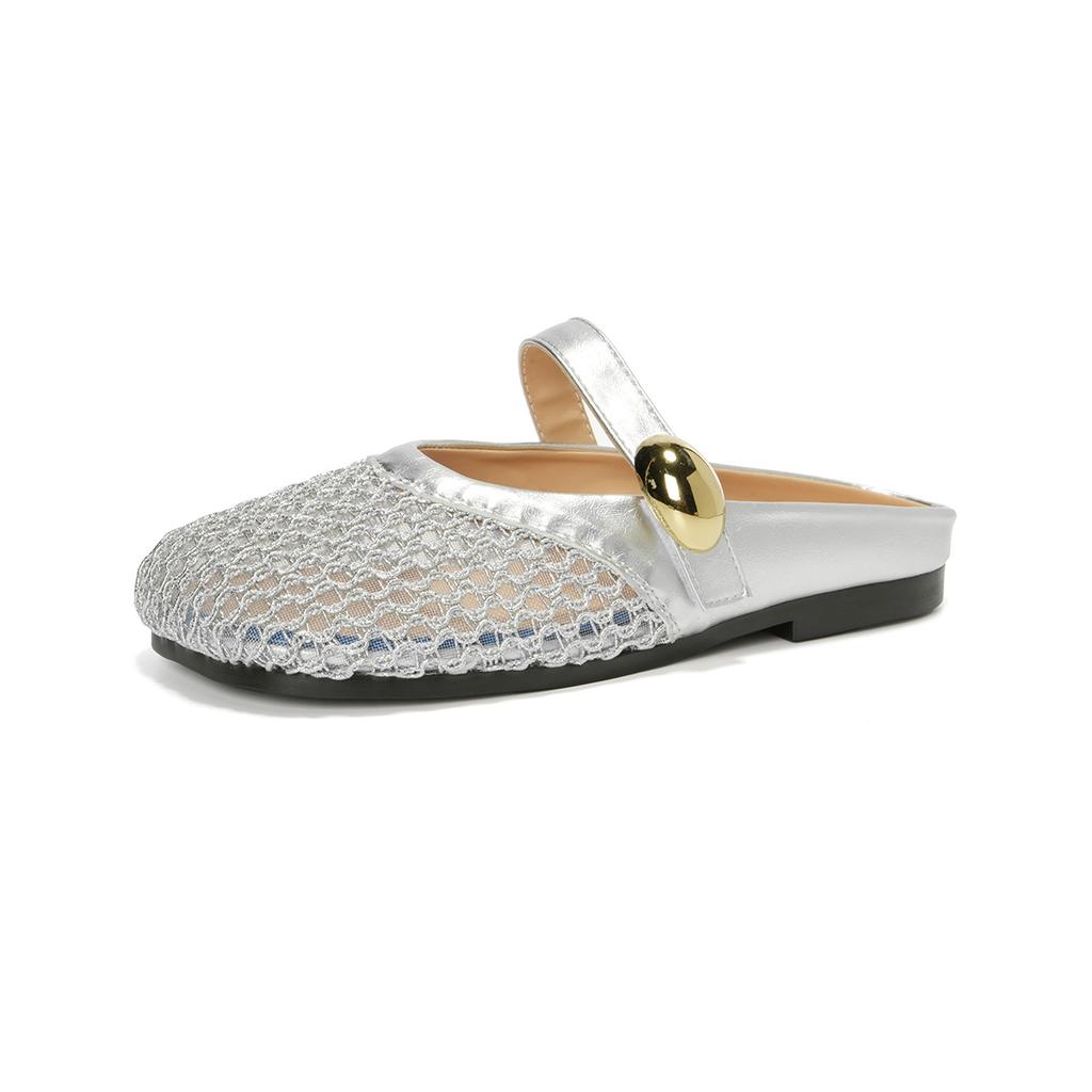Silver Hollow Breathable Bag Head Half Slippers Women's Summer One Pedal Woven Fishing Net Sandals