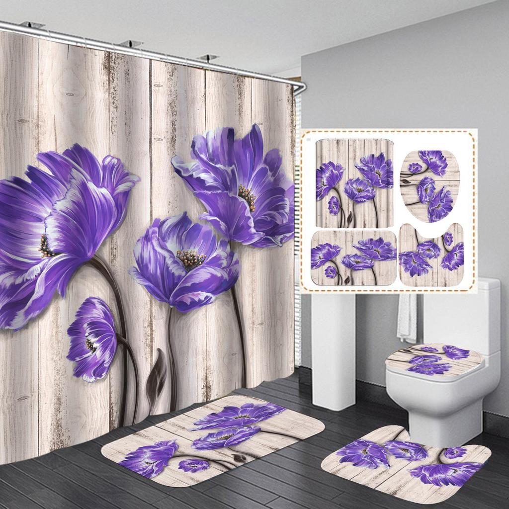 4 PCS Full Set Bathroom Set Shower Curtain Bath Non-Slip Floor Mat Carpet Home Bathroom