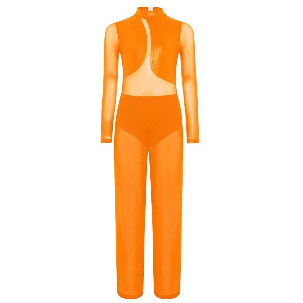 Костюм для гимнастических выступлений для девочек, комбинезон с широкими штанинами, из прозрачной сетки в стиле пэчворк, с длинными металлизированными рукавами