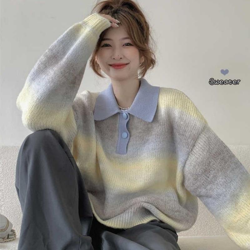 Градиентный свитер с воротником-поло в ленивом стиле для женщин, осень-зима 2023, дизайнерский смысл, нишевый вязаный свободный свитер, пуловер, женский топ