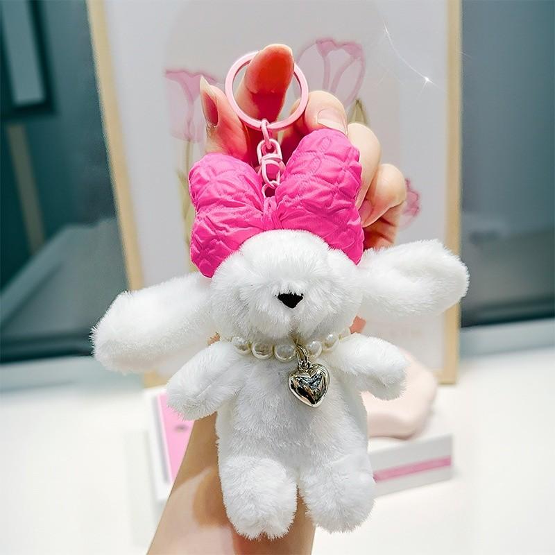 Necklace Pearl Bow Rabbit Plush Key Chain Bag Pendant Toy Doll Cute Kids Gift