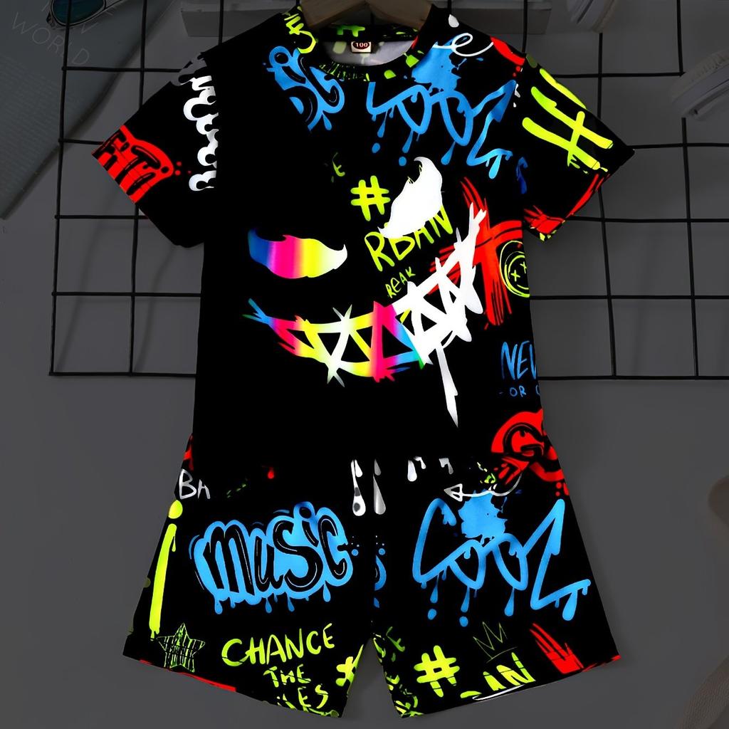 2 PCS Boys Casual Glow-in-the-Dark Cute Ink Graffiti Print Short Sleeve T-Shirts and Shorts Set