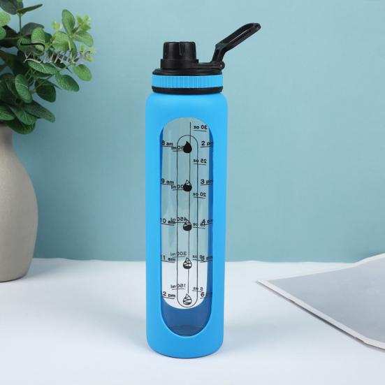 Стеклянная бутылка для воды с силиконовым чехлом и маркером времени 1000 мл, герметичная боросиликатная чашка для воды для спорта, фитнеса, офиса, горячих и холодных напитков без BPA, подарок