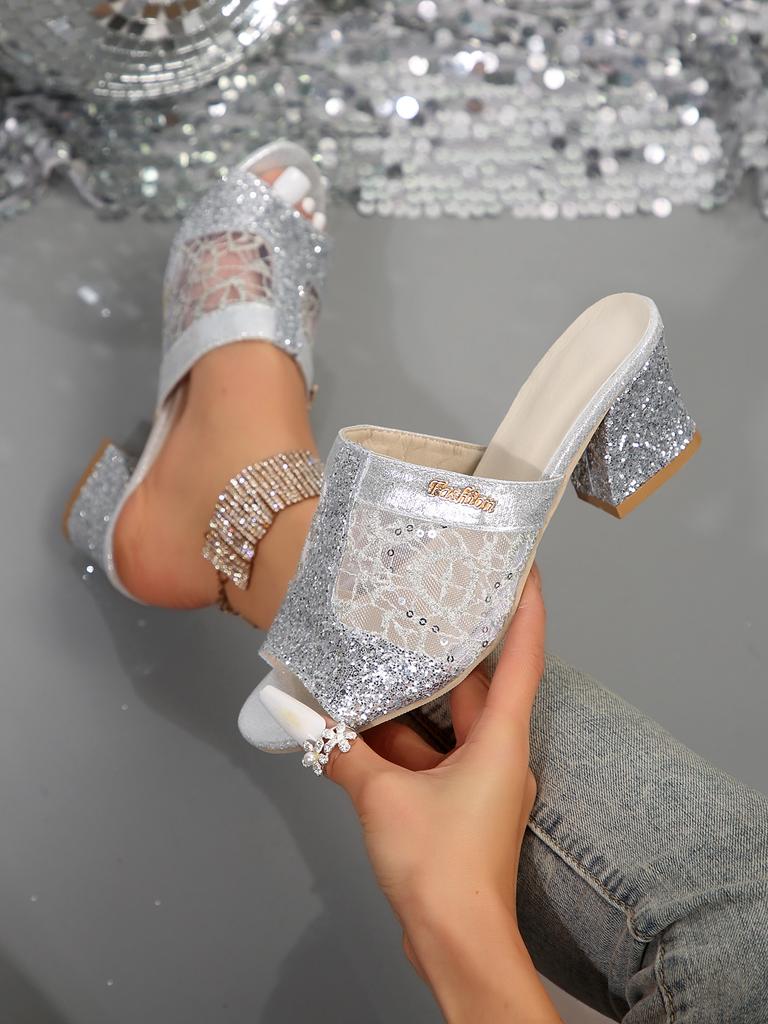 Fashion Breathable Mesh Slippers Women New Summer Shoes Women Fashion Peep Toe Square Heels Sliver Mules Shoes High Heels