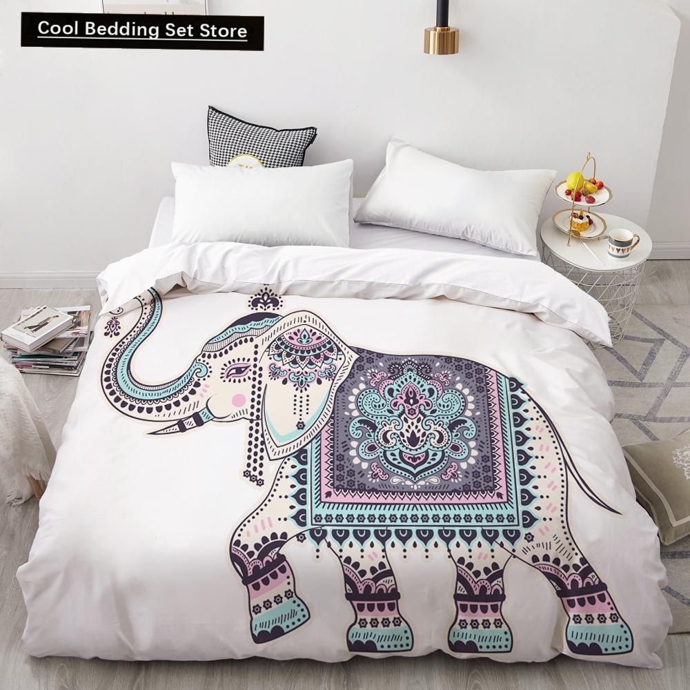Bohemian Elephant Bedding Sets Queen King Size Colorful 2/3Pcs Duvet Cover Boho Psychedelic Indian Mandala Polyester Quilt Cover