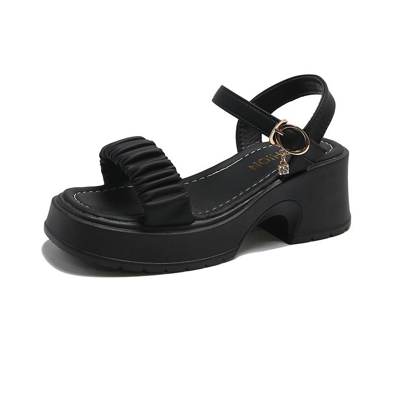 Сказочные сандалии женские летние новые маленькая толстая подошва пряжка на одном ремешке плиссированные пляжные туфли женские