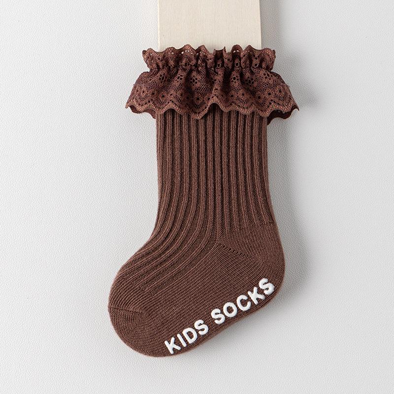 Детские носки из гребенного хлопка с кружевом до середины икры, нескользящие - Весна/Осень/Зима