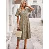 Summer Women V Neck Elegant Printed Short Sleeve High Waist A Line Floral Holiday Dress