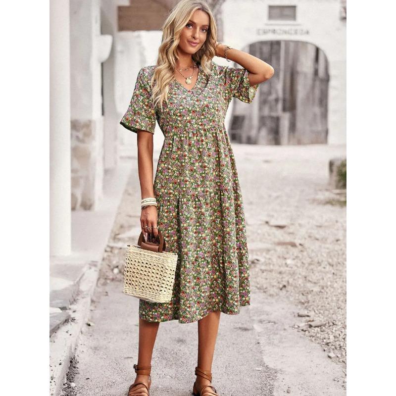 Summer Women V Neck Elegant Printed Short Sleeve High Waist A Line Floral Holiday Dress