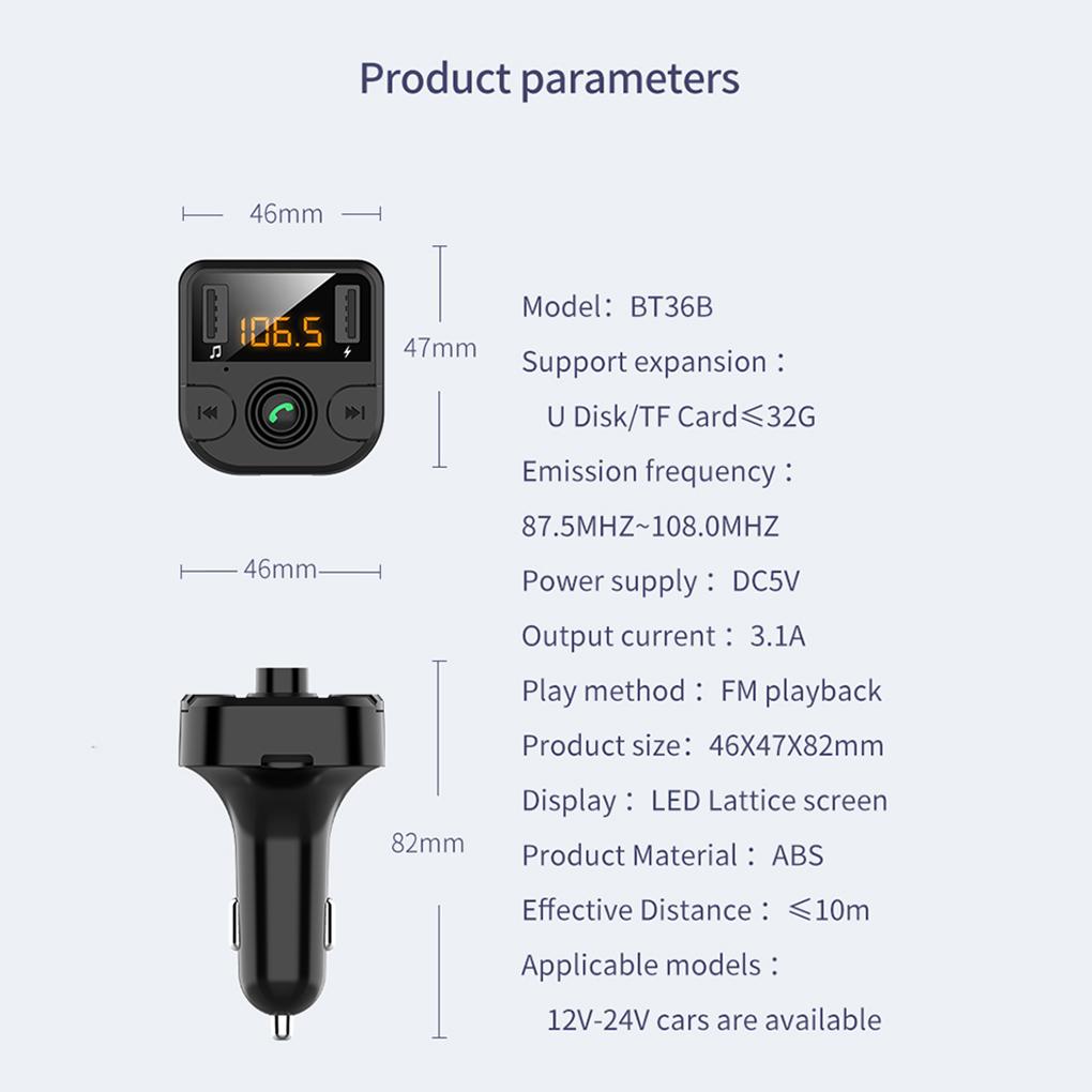 Автомобильное зарядное устройство с двумя USB-портами Bluetooth 5.0, светодиодный экран, шумоподавление, MP3-плеер, комплект громкой связи, FM-передатчик
