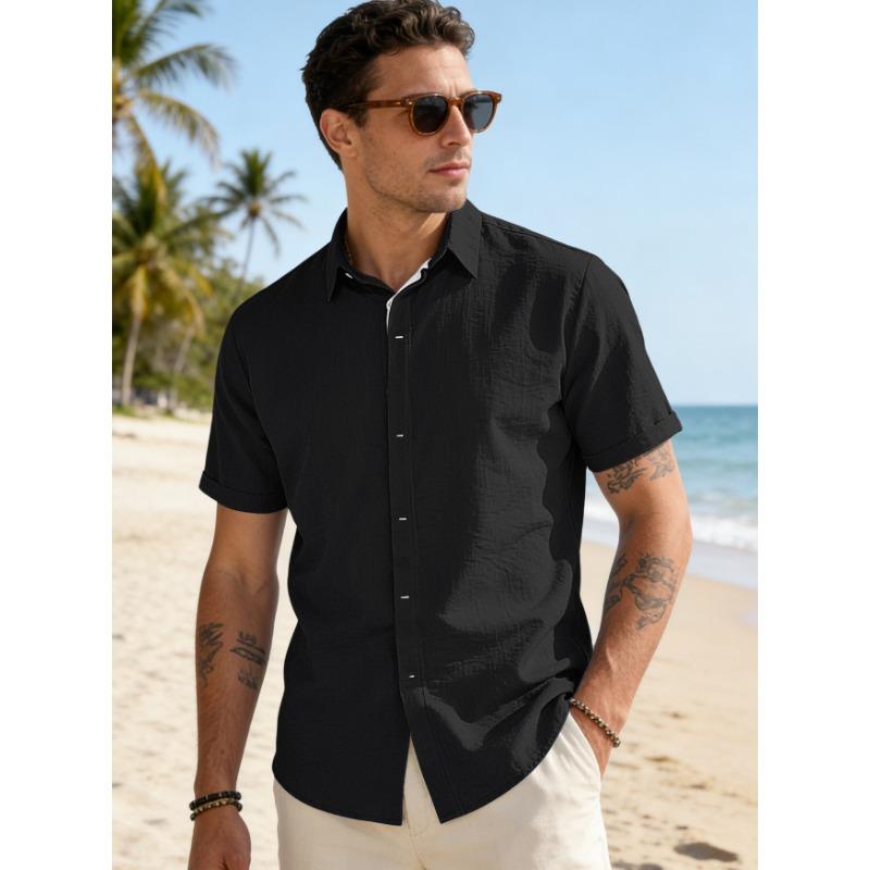 Men S Solid Color Short Sleeve Button Up Casual Shirt For Summer